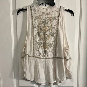 Free People Cream Sleeveless Blouse with Floral Detail